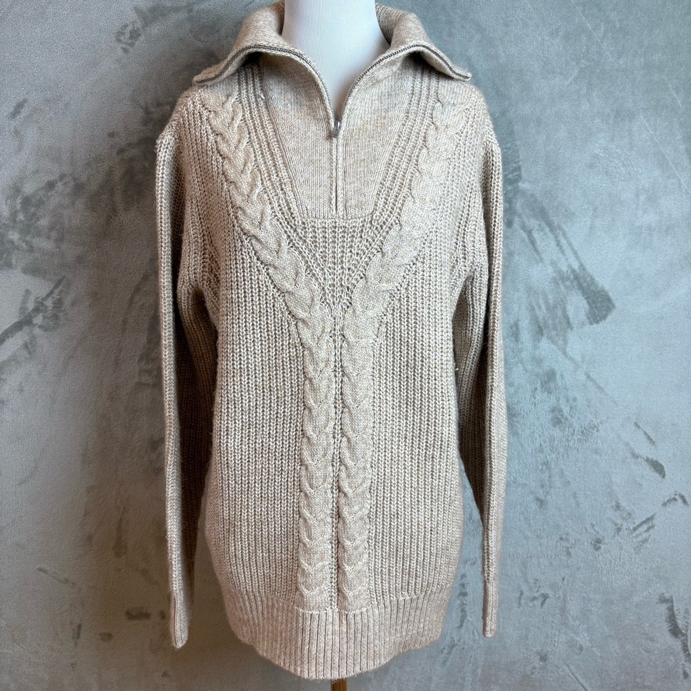 Talbots Cable Knit Wool Blend 1/4 Zip Sweater Wmn’s Sz L Scandi Girl Neutral